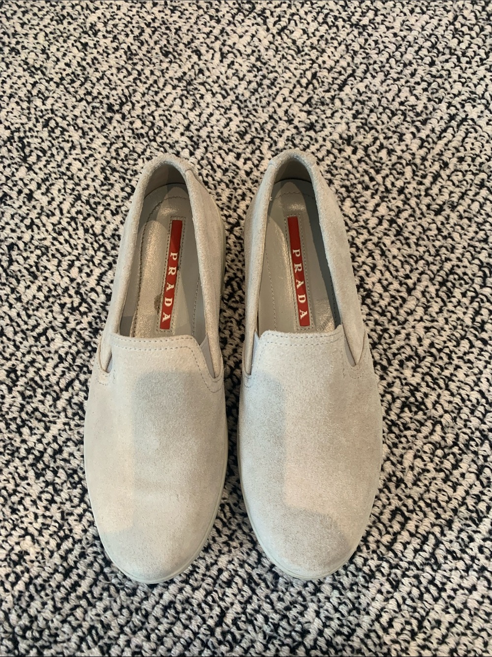Prada Suede Slip-On Sneakers in Light Gray. Size 7